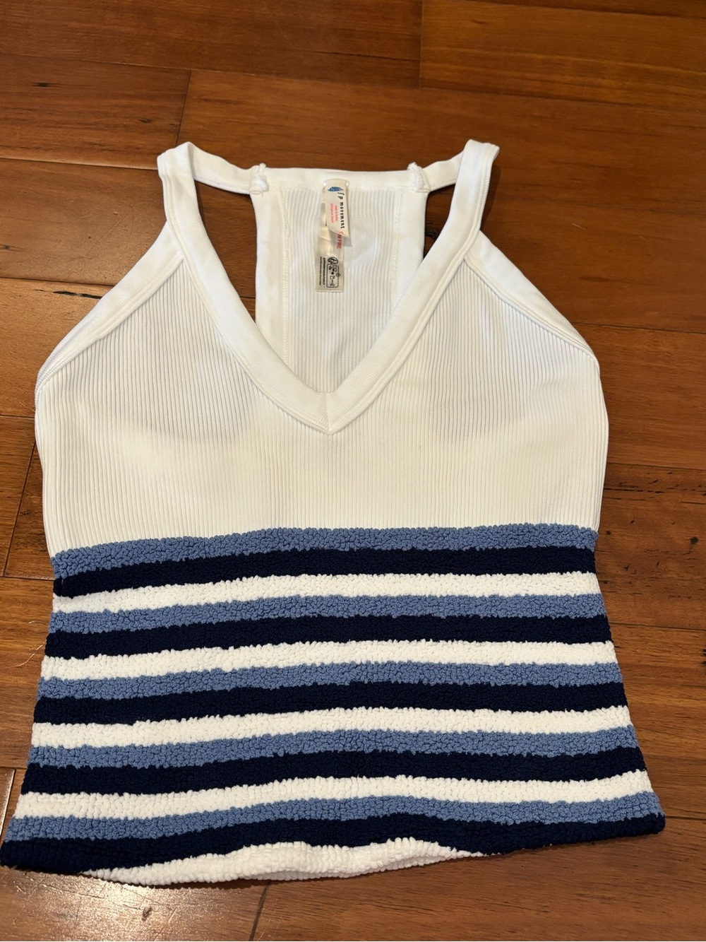 FP Movement by Free People White Tank One-Piece with Navy and Light Blue Stripes